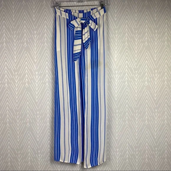 HYFVE Split Front Chic Striped Pants in Blue Stripe. - Picture 1 of 10